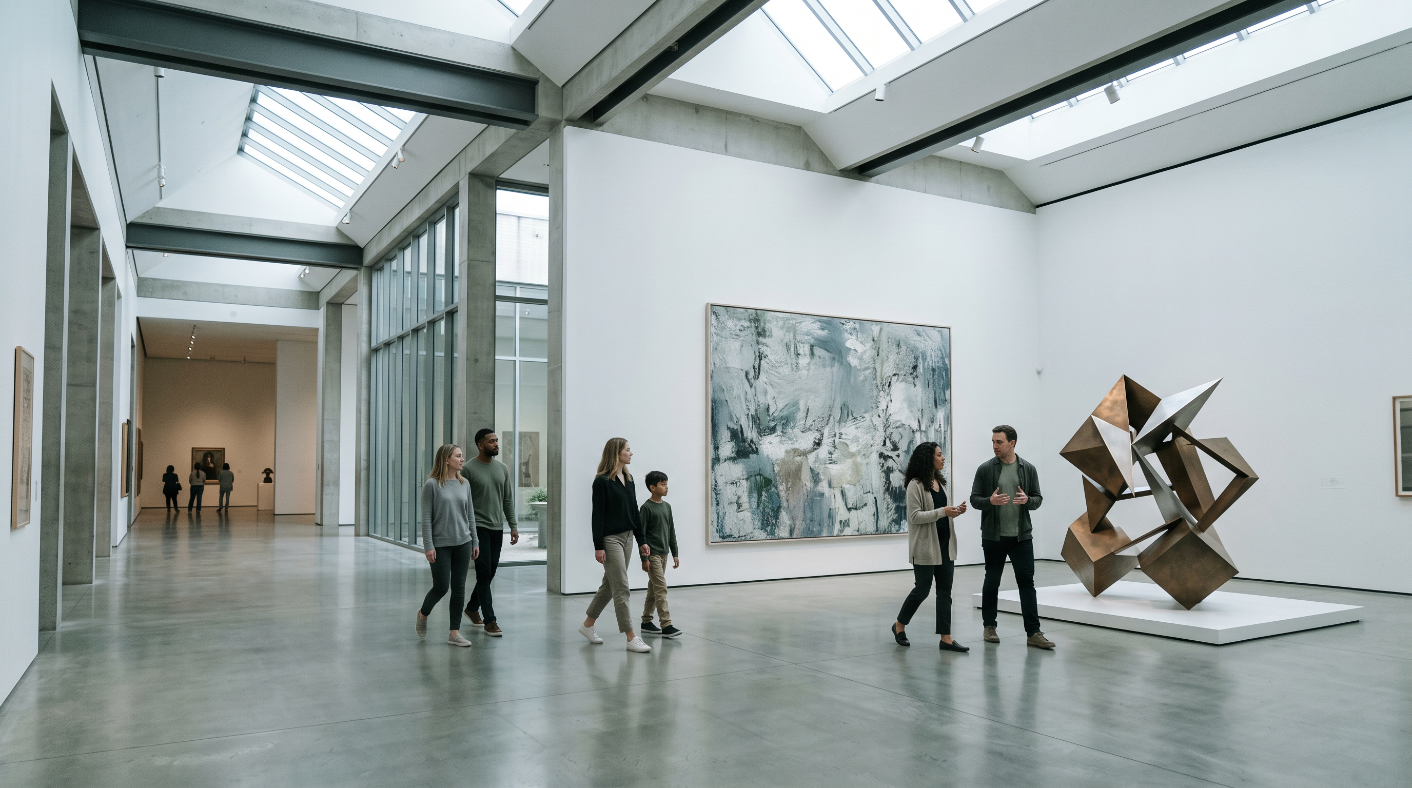 Visitors walking through a bright contemporary museum gallery