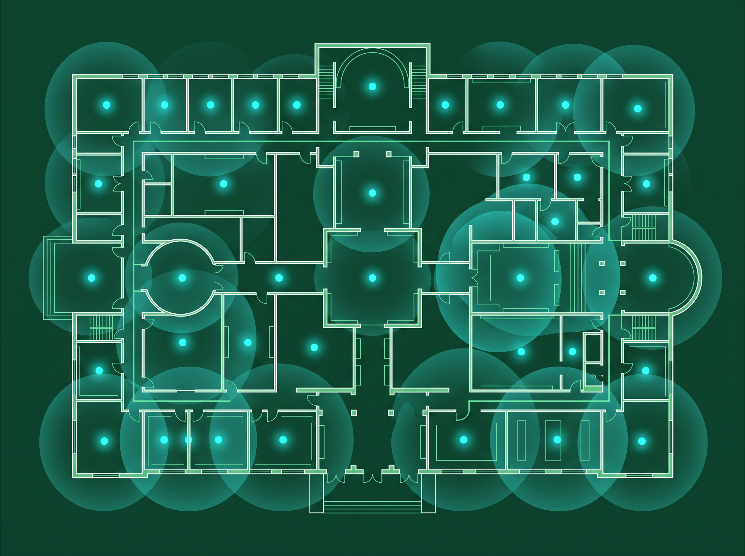 Venue floor plan with positioning anchors lighting up and coverage zones blooming