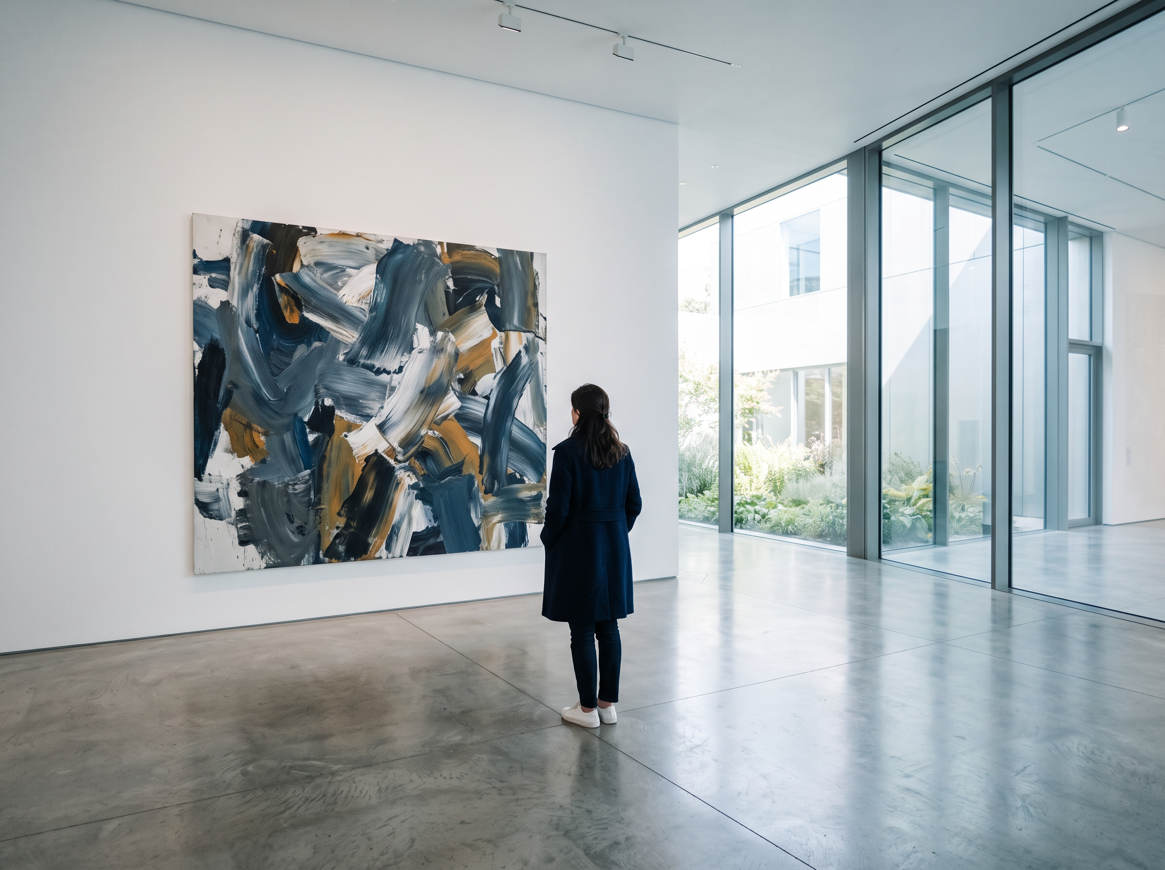 Visitor viewing an abstract painting in a gallery