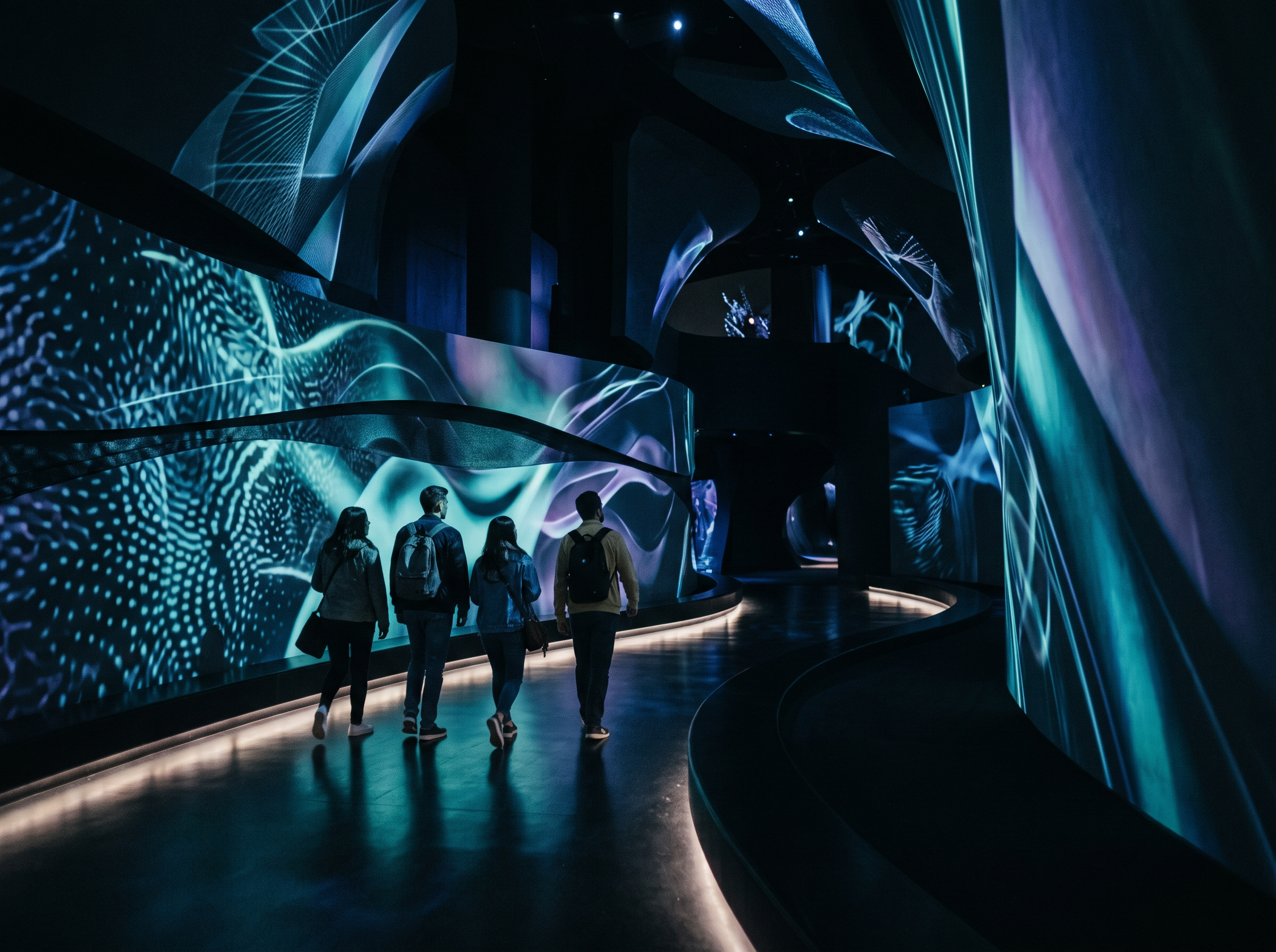 Visitors walking through an immersive attraction space