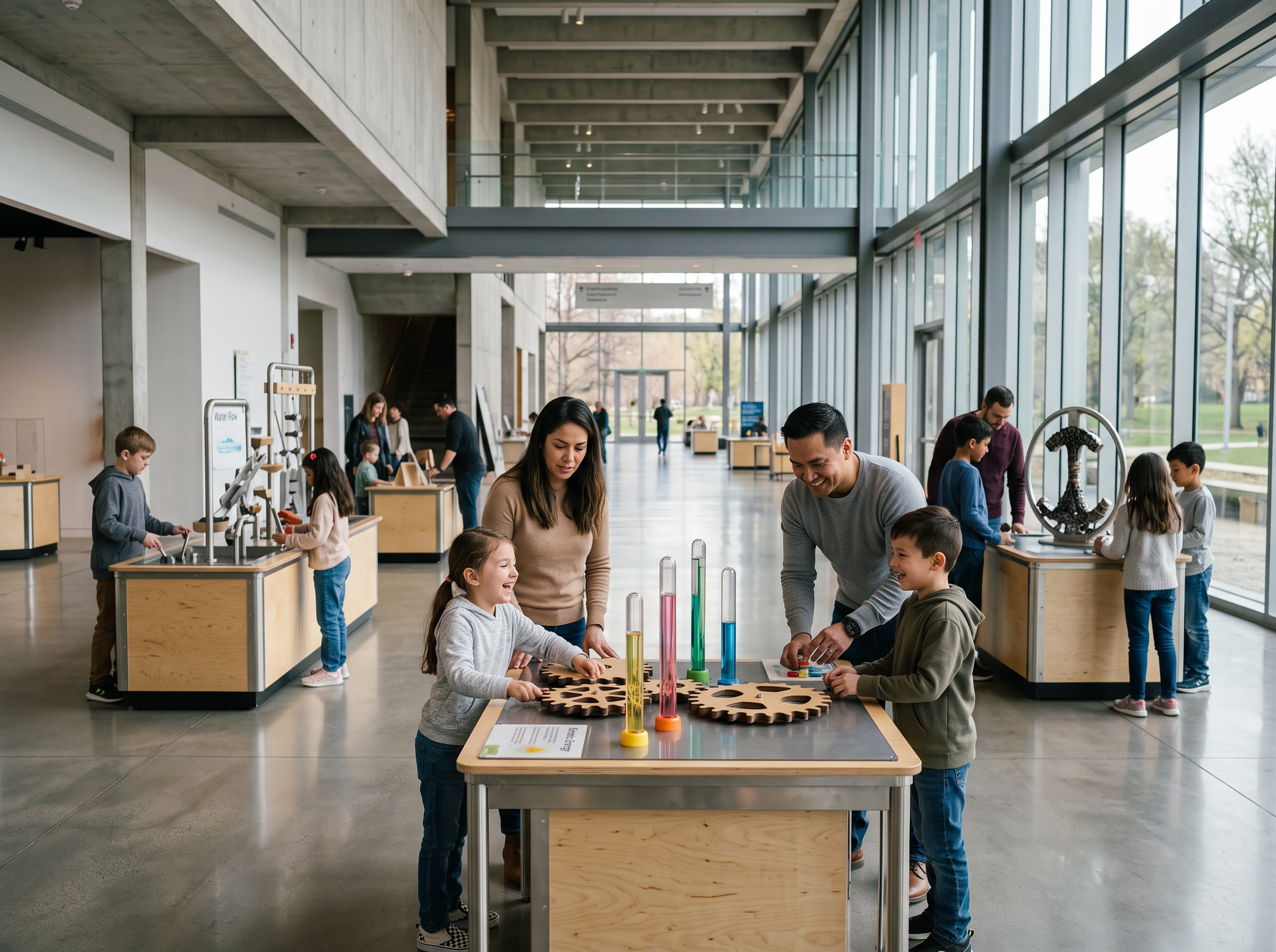 Families interacting with a science centre exhibit