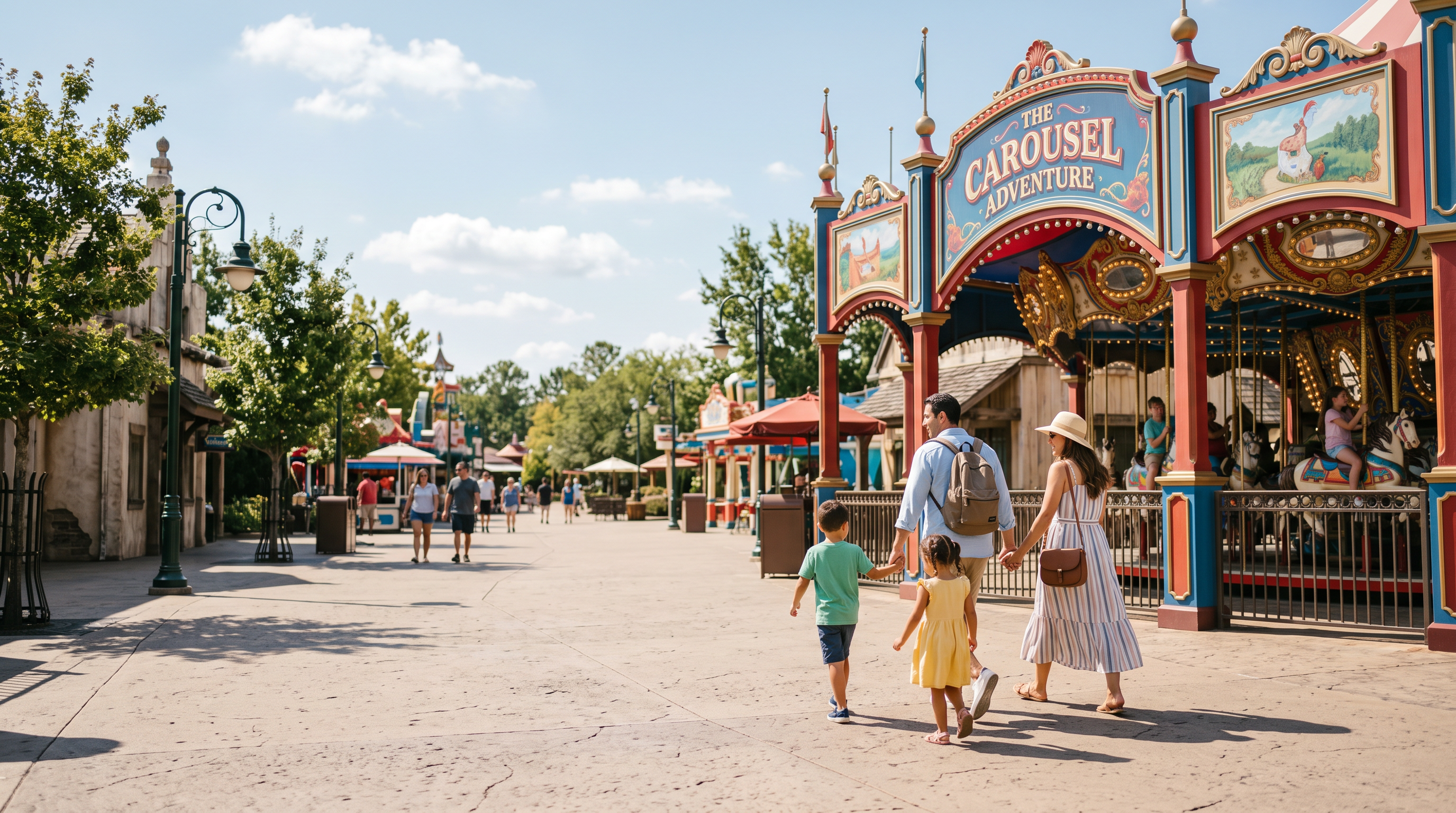 Family walking through a sunlit theme park midway